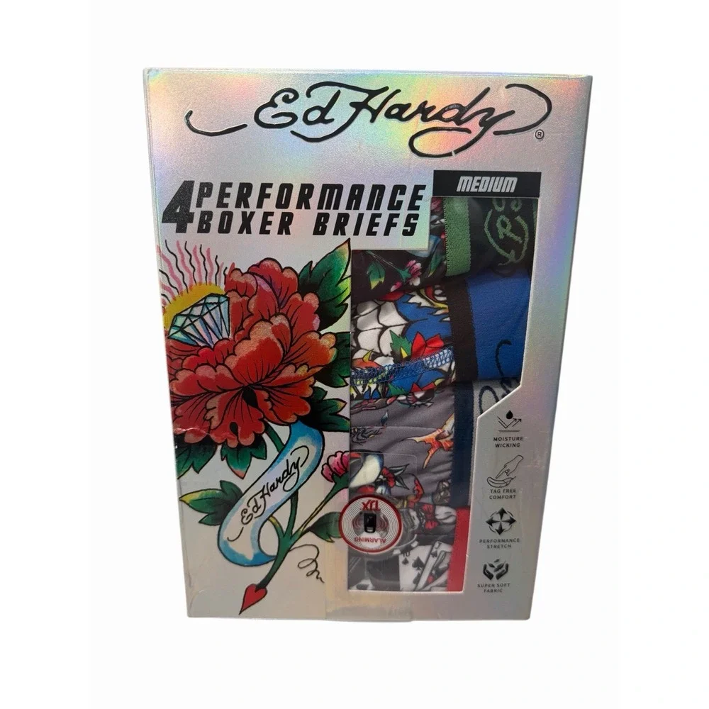 Ed Hardy Men's Performance Boxer Briefs 4-Pack Multicolor Size M NIB